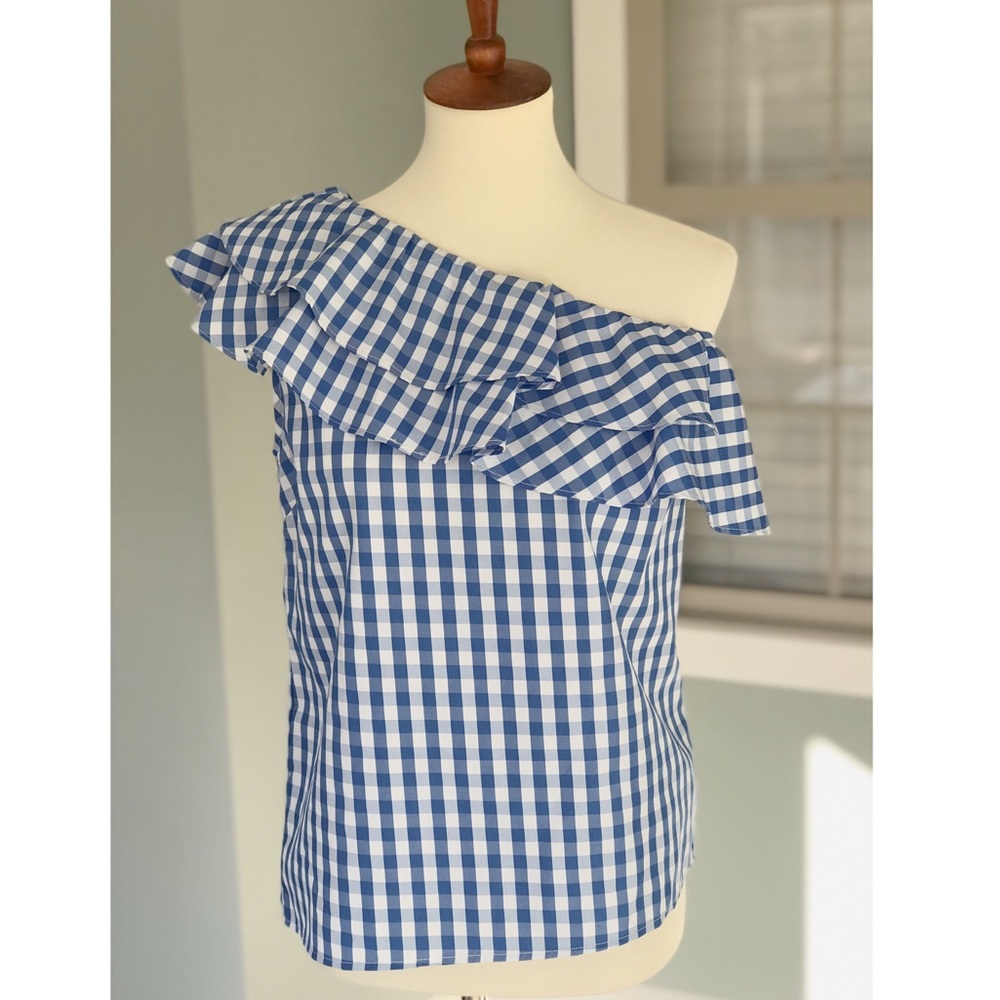 NWT - Gingham One Shoulder Blouse - Royal